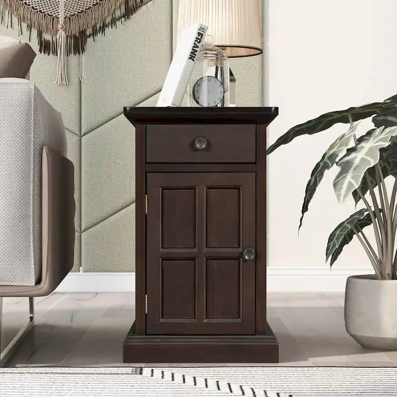 Narrow Multifunctional Classic Vintage End Table with USB Ports and 1 Drawer with Cup Holders, Sofa Side Table