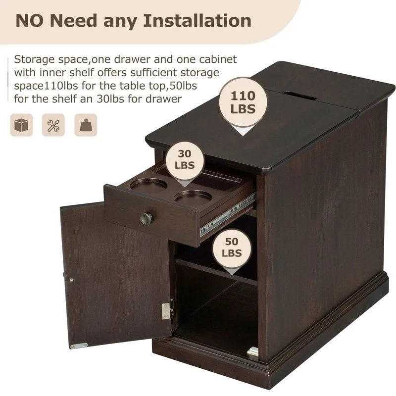 Narrow Multifunctional Classic Vintage End Table with USB Ports and 1 Drawer with Cup Holders, Sofa Side Table