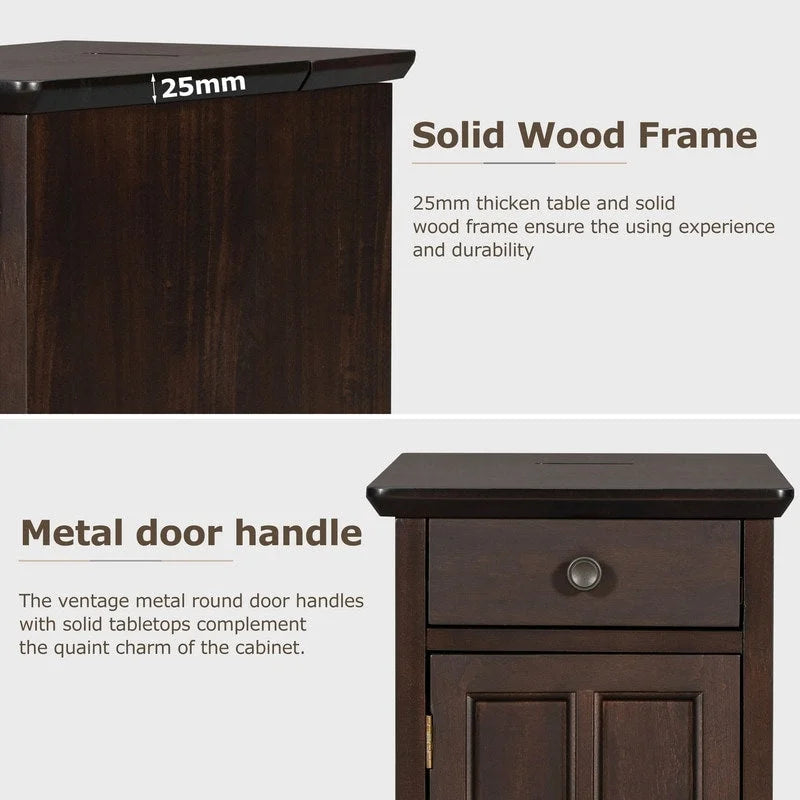 Narrow Multifunctional Classic Vintage End Table with USB Ports and 1 Drawer with Cup Holders, Sofa Side Table