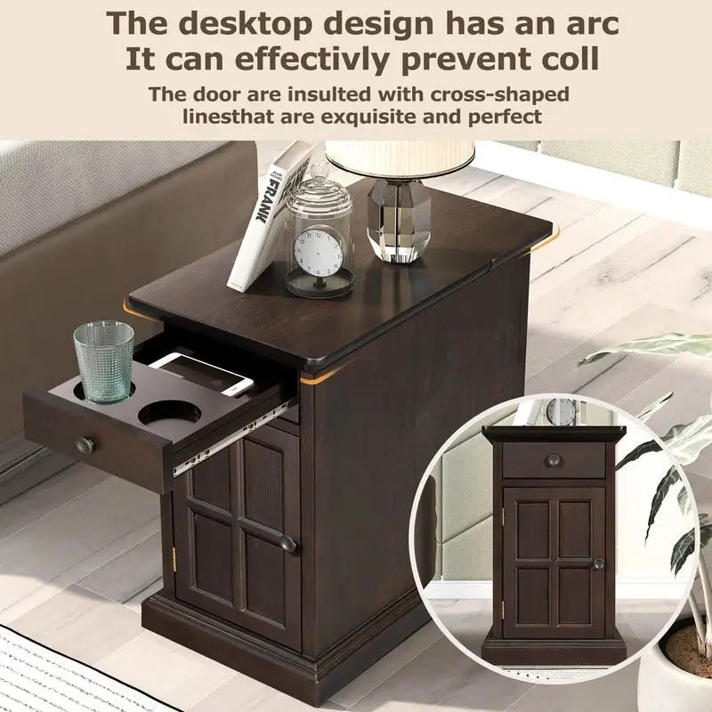 Narrow Multifunctional Classic Vintage End Table with USB Ports and 1 Drawer with Cup Holders, Sofa Side Table