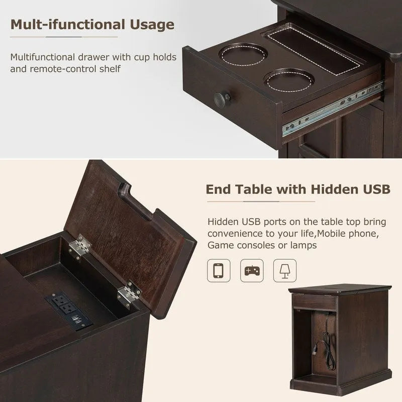 Narrow Multifunctional Classic Vintage End Table with USB Ports and 1 Drawer with Cup Holders, Sofa Side Table