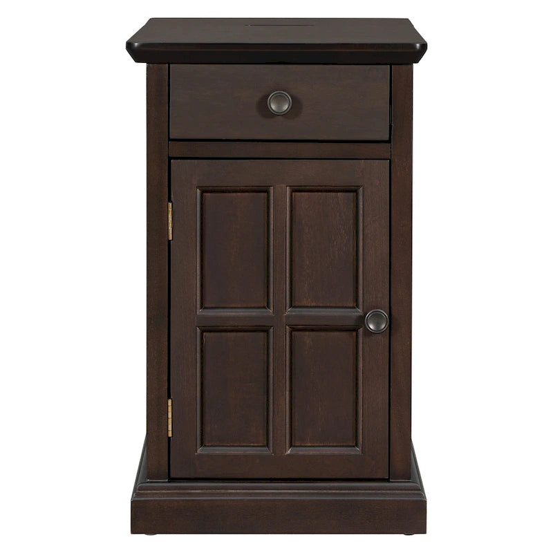 Narrow Multifunctional Classic Vintage End Table with USB Ports and 1 Drawer with Cup Holders, Sofa Side Table