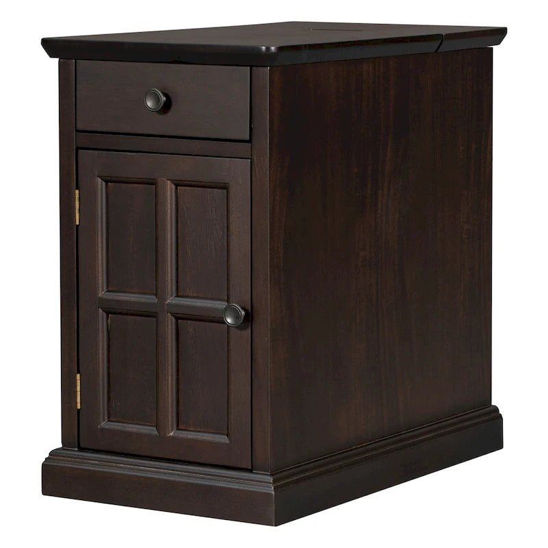 Narrow Multifunctional Classic Vintage End Table with USB Ports and 1 Drawer with Cup Holders, Sofa Side Table