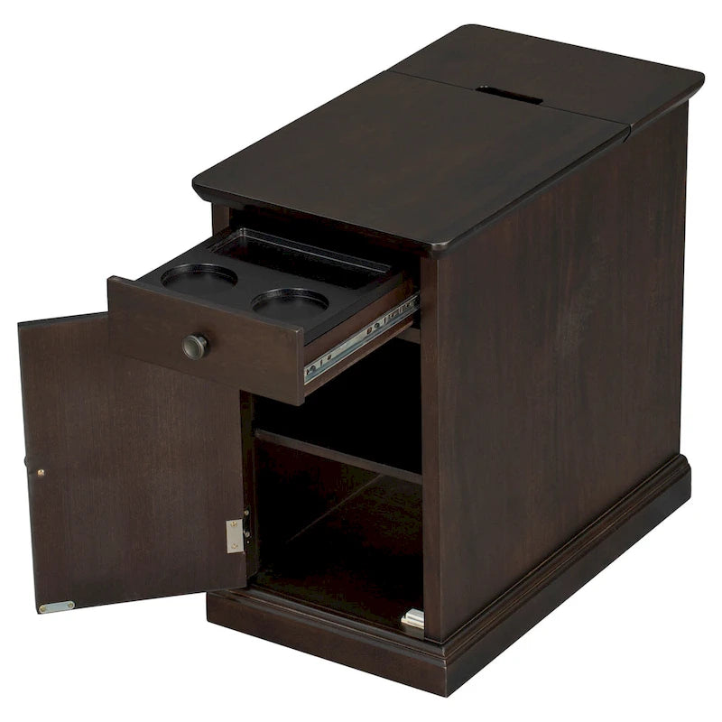 Narrow Multifunctional Classic Vintage End Table with USB Ports and 1 Drawer with Cup Holders, Sofa Side Table