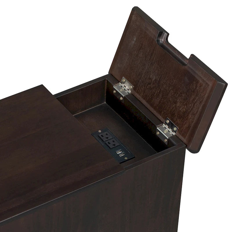 Narrow Multifunctional Classic Vintage End Table with USB Ports and 1 Drawer with Cup Holders, Sofa Side Table