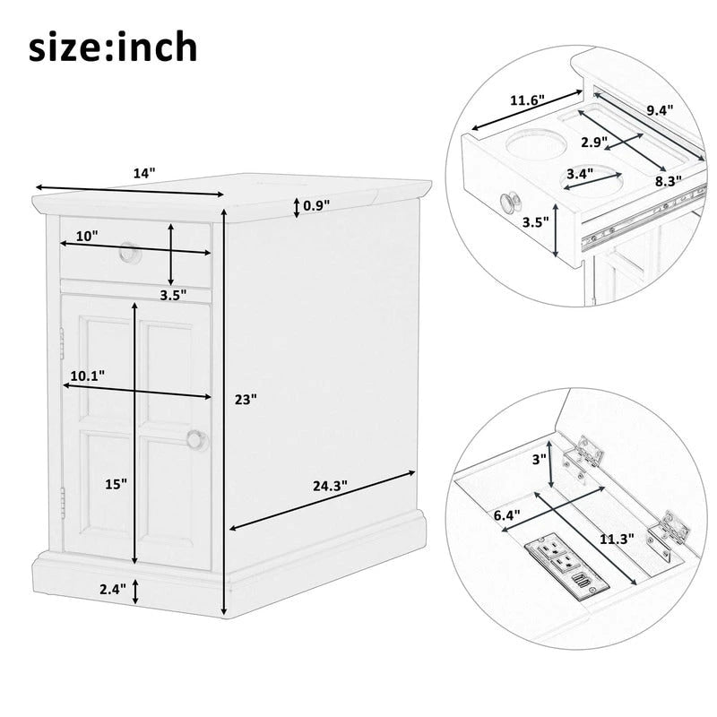 Narrow Multifunctional Classic Vintage End Table with USB Ports and 1 Drawer with Cup Holders, Sofa Side Table