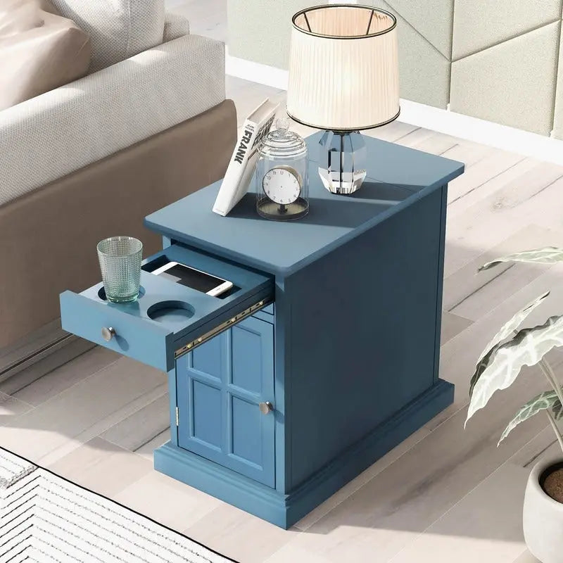 Narrow Multifunctional Classic Vintage End Table with USB Ports and 1 Drawer with Cup Holders, Sofa Side Table