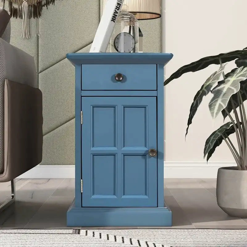 Narrow Multifunctional Classic Vintage End Table with USB Ports and 1 Drawer with Cup Holders, Sofa Side Table