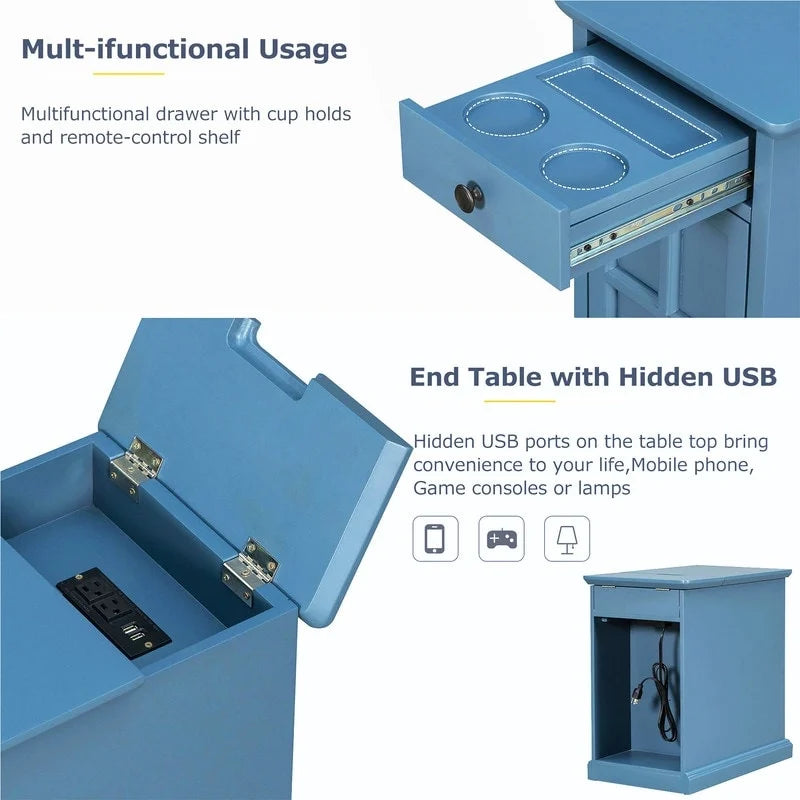 Narrow Multifunctional Classic Vintage End Table with USB Ports and 1 Drawer with Cup Holders, Sofa Side Table