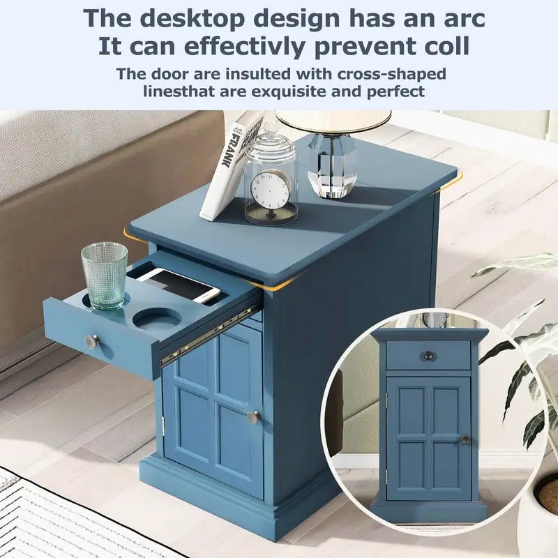Narrow Multifunctional Classic Vintage End Table with USB Ports and 1 Drawer with Cup Holders, Sofa Side Table