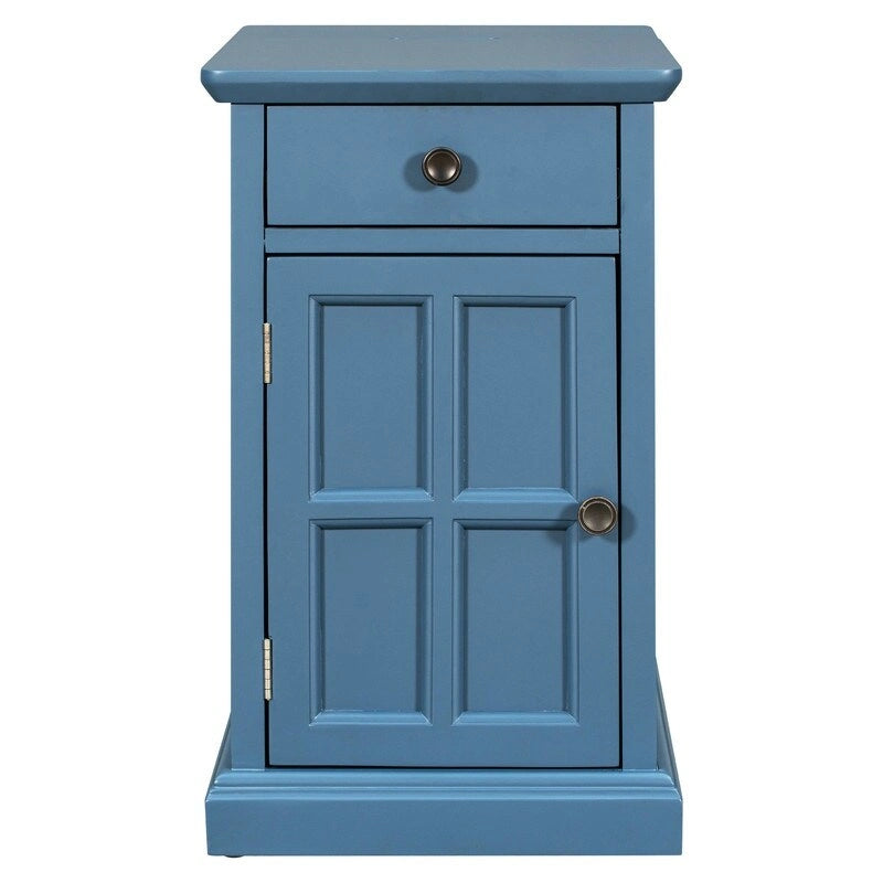 Narrow Multifunctional Classic Vintage End Table with USB Ports and 1 Drawer with Cup Holders, Sofa Side Table