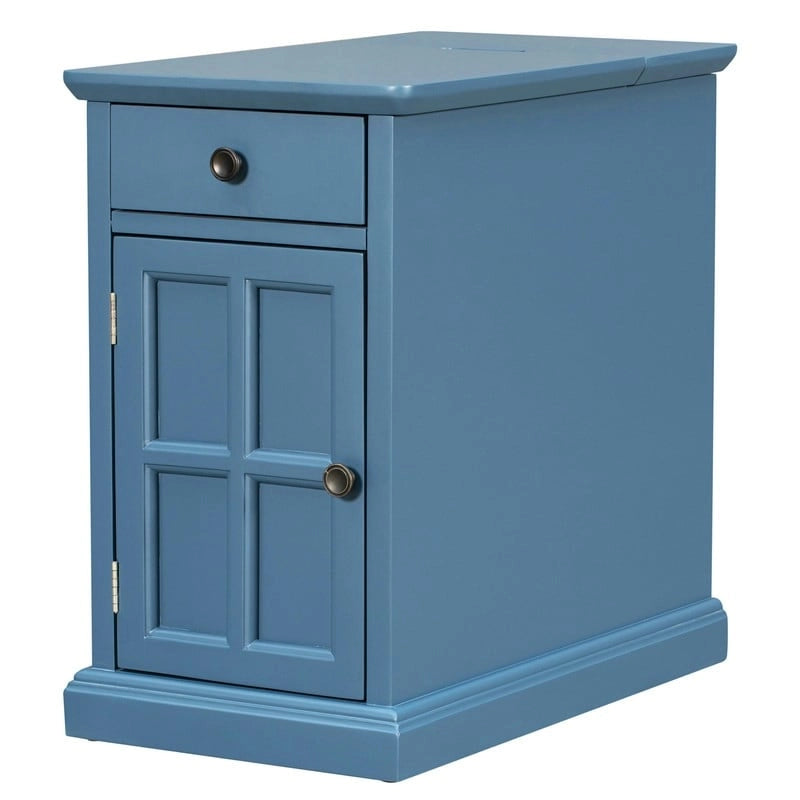 Narrow Multifunctional Classic Vintage End Table with USB Ports and 1 Drawer with Cup Holders, Sofa Side Table