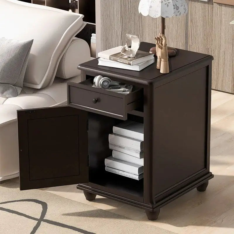 Narrow Multifunctional Classic Vintage End Table with USB Ports and 1 Drawer with Cup Holders, Sofa Side Table