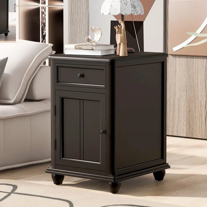 Narrow Multifunctional Classic Vintage End Table with USB Ports and 1 Drawer with Cup Holders, Sofa Side Table