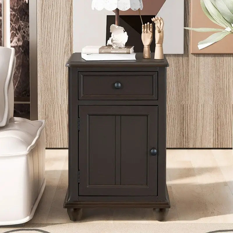 Narrow Multifunctional Classic Vintage End Table with USB Ports and 1 Drawer with Cup Holders, Sofa Side Table
