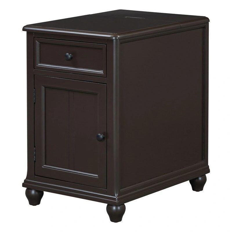 Narrow Multifunctional Classic Vintage End Table with USB Ports and 1 Drawer with Cup Holders, Sofa Side Table