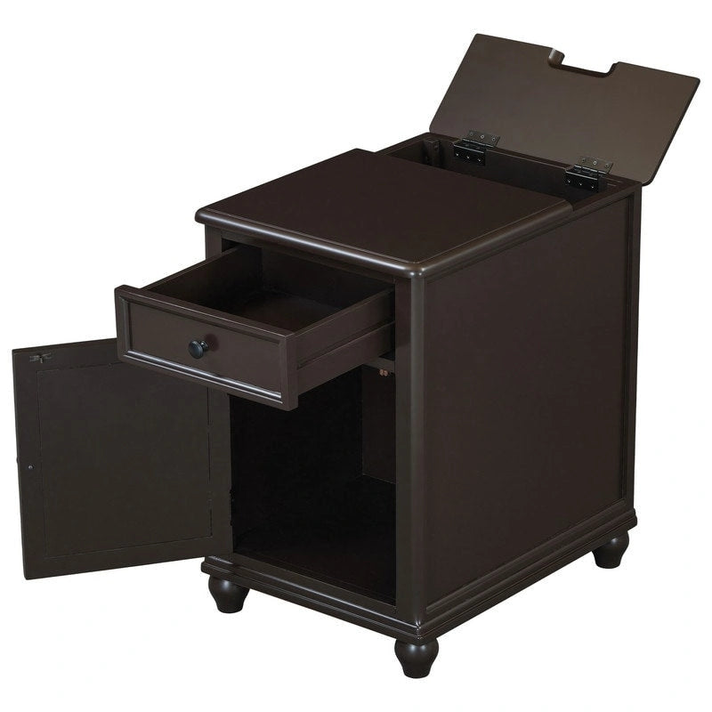 Narrow Multifunctional Classic Vintage End Table with USB Ports and 1 Drawer with Cup Holders, Sofa Side Table