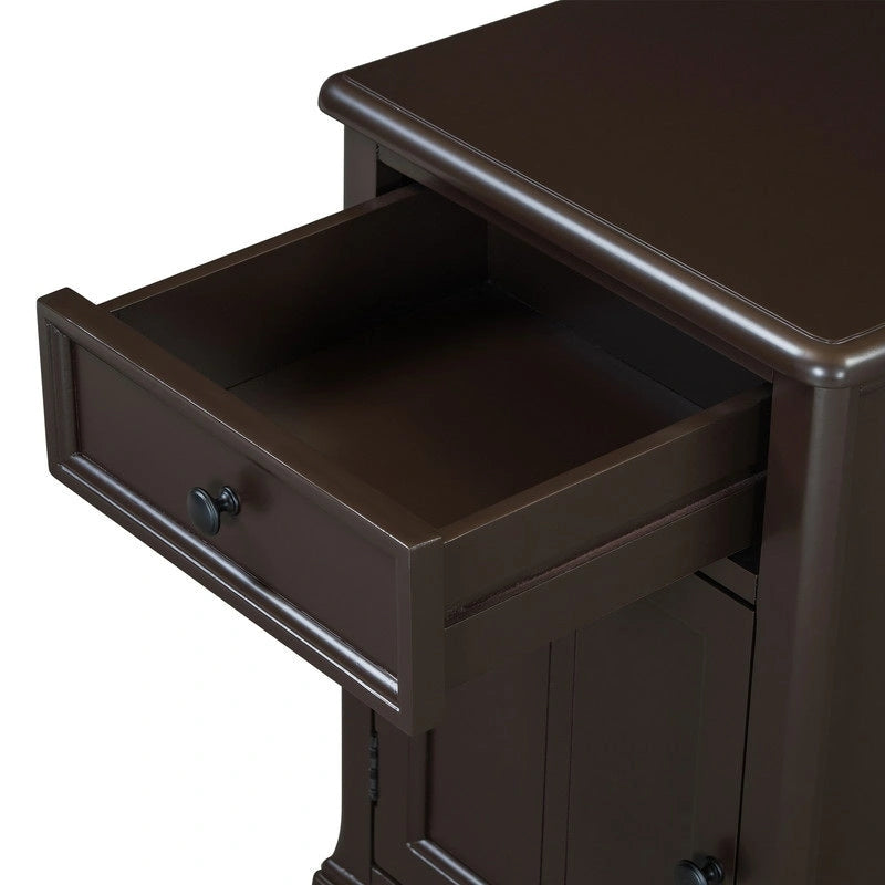 Narrow Multifunctional Classic Vintage End Table with USB Ports and 1 Drawer with Cup Holders, Sofa Side Table