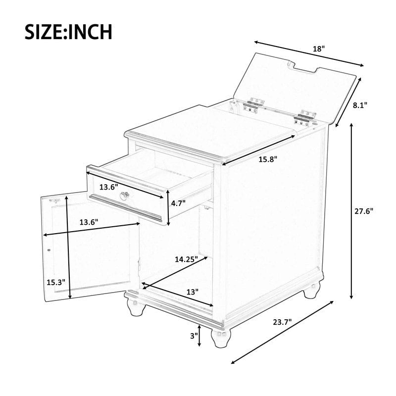 Narrow Multifunctional Classic Vintage End Table with USB Ports and 1 Drawer with Cup Holders, Sofa Side Table