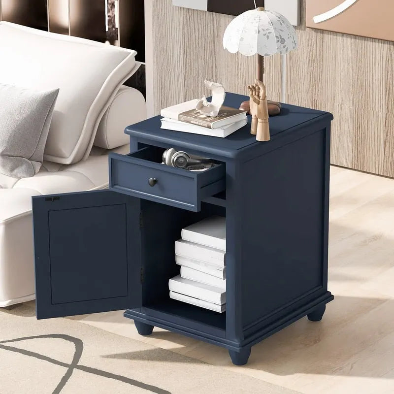 Narrow Multifunctional Classic Vintage End Table with USB Ports and 1 Drawer with Cup Holders, Sofa Side Table