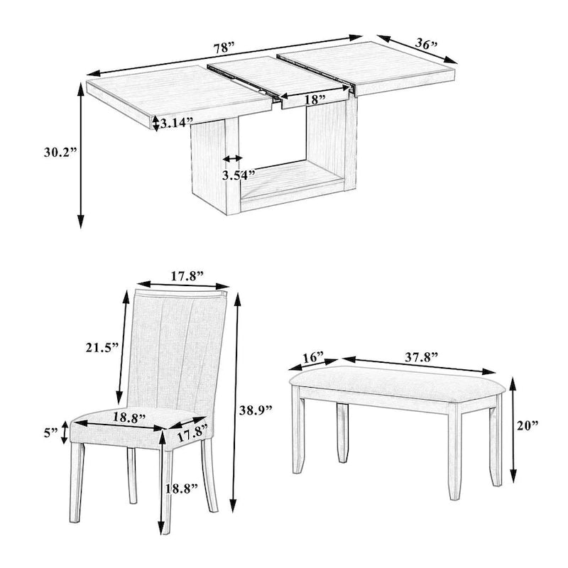 Contemporary 6-Piece Extendable Wood Dining Table Set Kitchen Table Set with Upholstered Bench and 4 Dining Chairs