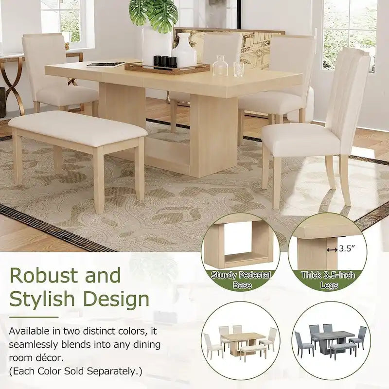 Contemporary 6-Piece Extendable Wood Dining Table Set Kitchen Table Set with Upholstered Bench and 4 Dining Chairs