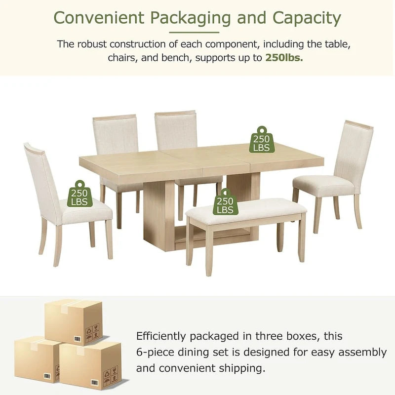Contemporary 6-Piece Extendable Wood Dining Table Set Kitchen Table Set with Upholstered Bench and 4 Dining Chairs