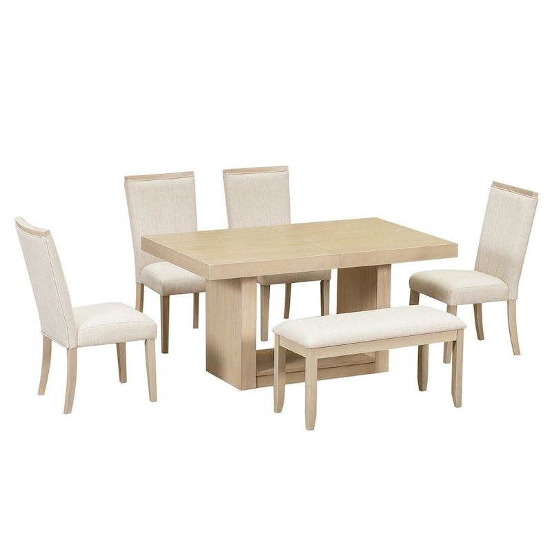Contemporary 6-Piece Extendable Wood Dining Table Set Kitchen Table Set with Upholstered Bench and 4 Dining Chairs