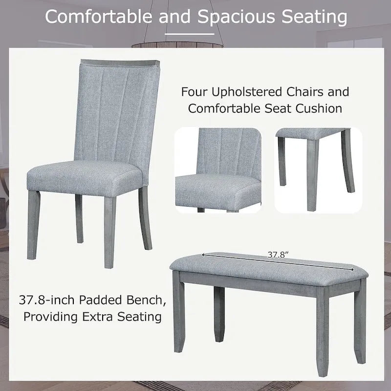 Contemporary 6-Piece Extendable Wood Dining Table Set Kitchen Table Set with Upholstered Bench and 4 Dining Chairs