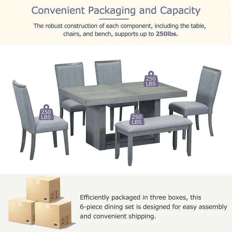 Contemporary 6-Piece Extendable Wood Dining Table Set Kitchen Table Set with Upholstered Bench and 4 Dining Chairs