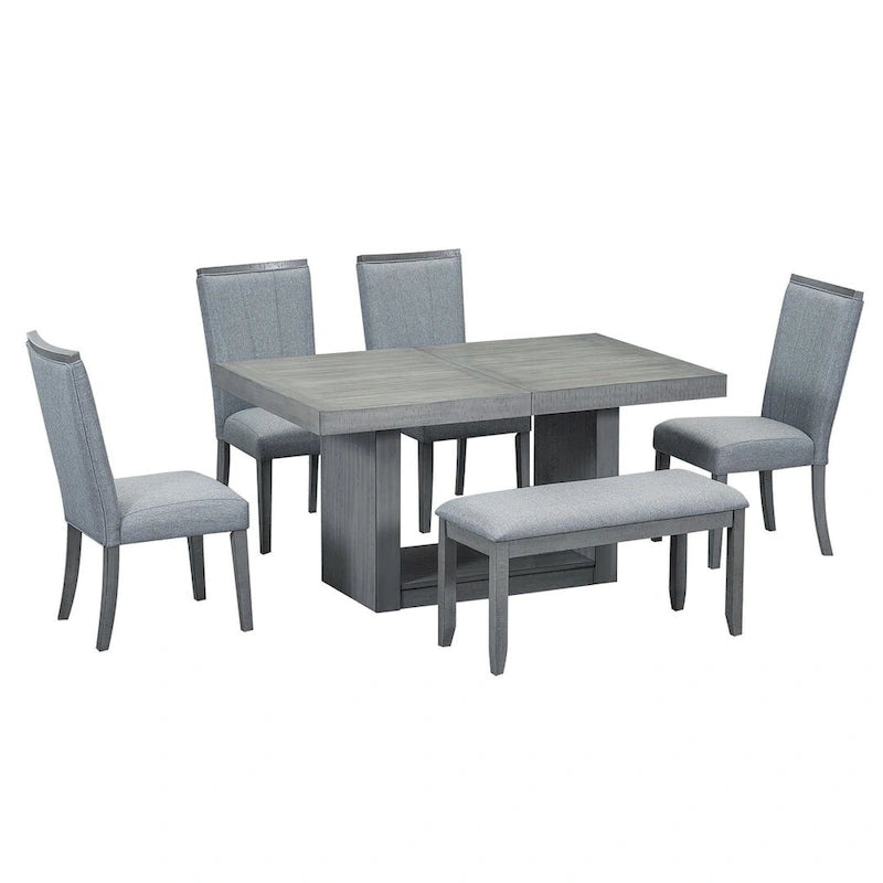Contemporary 6-Piece Extendable Wood Dining Table Set Kitchen Table Set with Upholstered Bench and 4 Dining Chairs