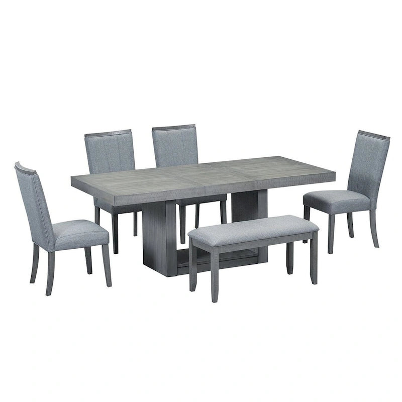Contemporary 6-Piece Extendable Wood Dining Table Set Kitchen Table Set with Upholstered Bench and 4 Dining Chairs