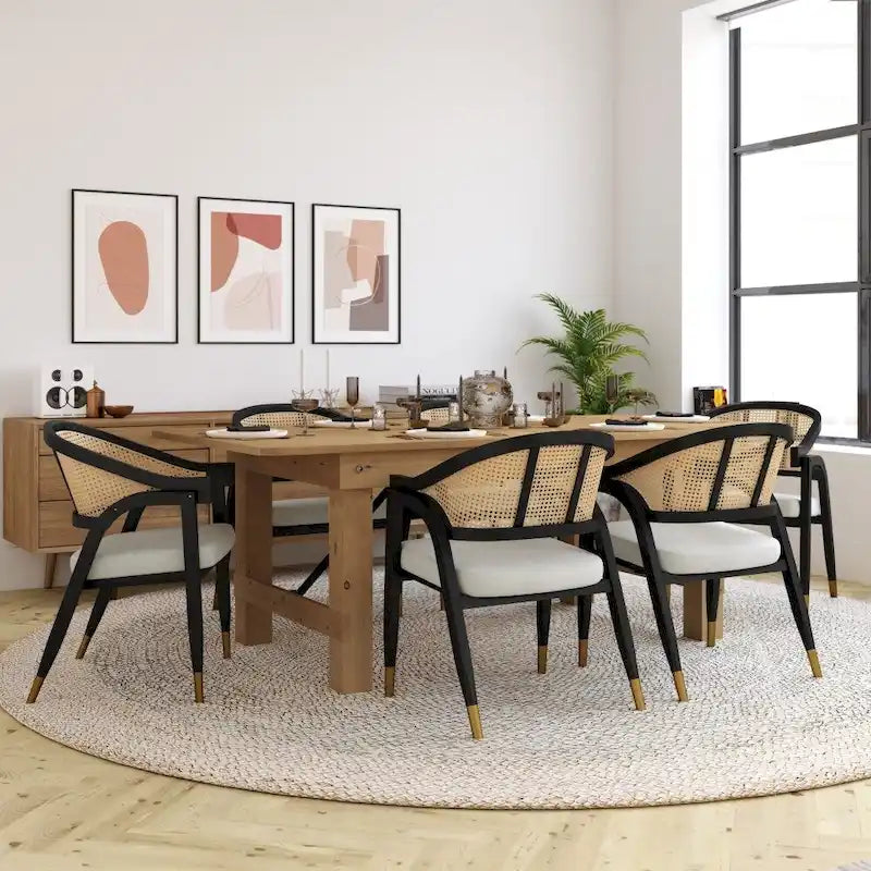 Cane Rattan Woven Back Dining Chair with Upholstered Seat