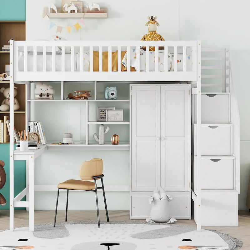 Full Loft Beds Stairway Loft Bed Frame with Wardrobe, Desk, Bookshelf and Drawers