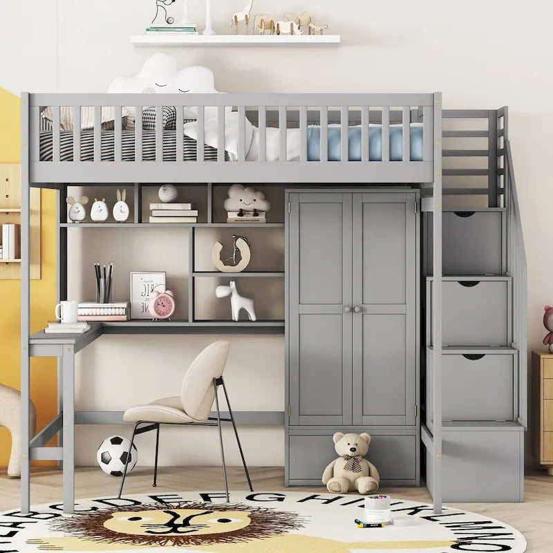 Full Loft Beds Stairway Loft Bed Frame with Wardrobe, Desk, Bookshelf and Drawers