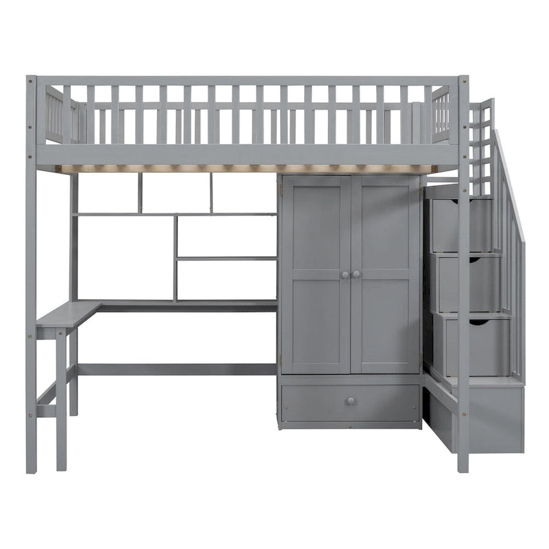 Full Loft Beds Stairway Loft Bed Frame with Wardrobe, Desk, Bookshelf and Drawers