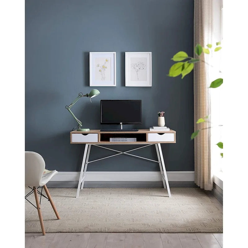 JJS Mid Century Modern Writing Desk Home Office Desk with Drawers & Storage