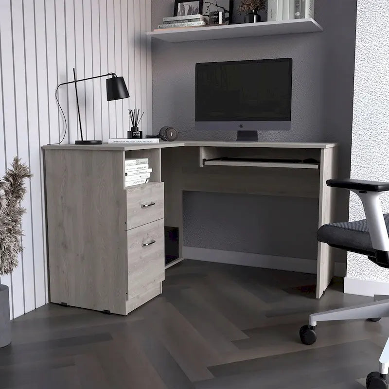 L-Shaped Desk Bradford, Keyboard Shelf, Smokey Oak Finish,High quality and durable