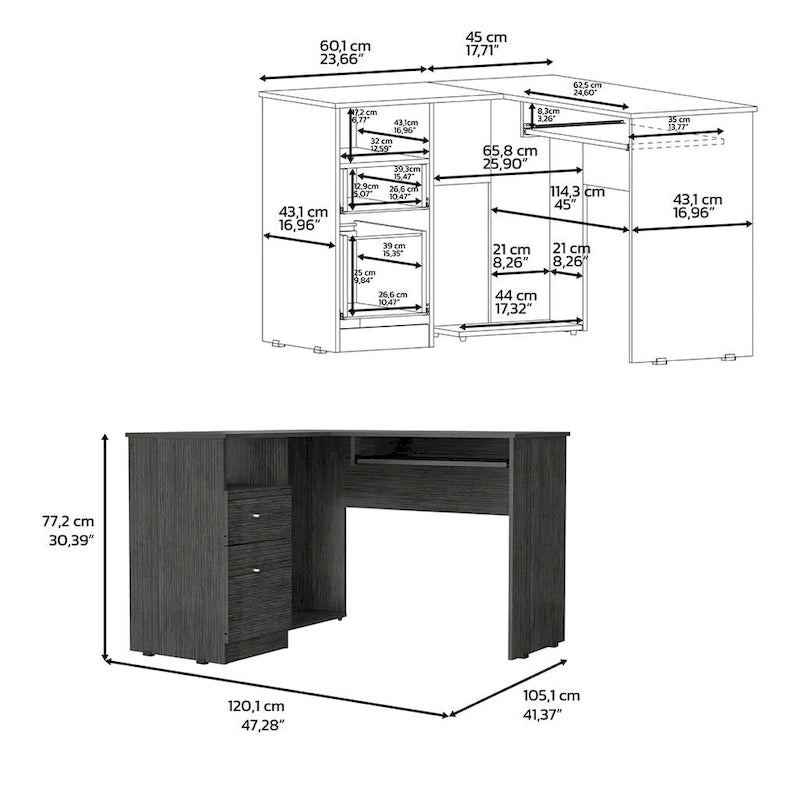 L-Shaped Desk Bradford, Keyboard Shelf, Smokey Oak Finish,High quality and durable
