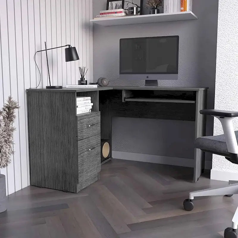 L-Shaped Desk Bradford, Keyboard Shelf, Smokey Oak Finish,High quality and durable