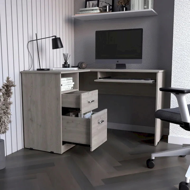 L-Shaped Desk Bradford, Keyboard Shelf, Smokey Oak Finish,High quality and durable