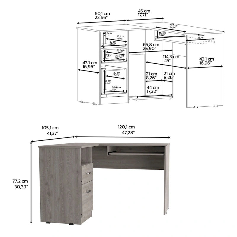 L-Shaped Desk Bradford, Keyboard Shelf, Smokey Oak Finish,High quality and durable