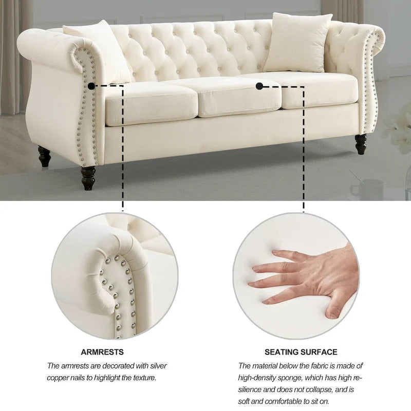 Beige Velvet Chesterfield 3 Seater Sofa, Rolled Arms, Nailhead Trim
