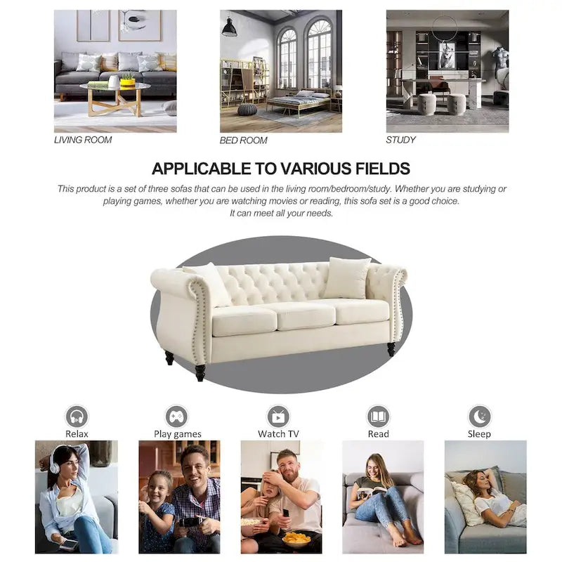 Beige Velvet Chesterfield 3 Seater Sofa, Rolled Arms, Nailhead Trim