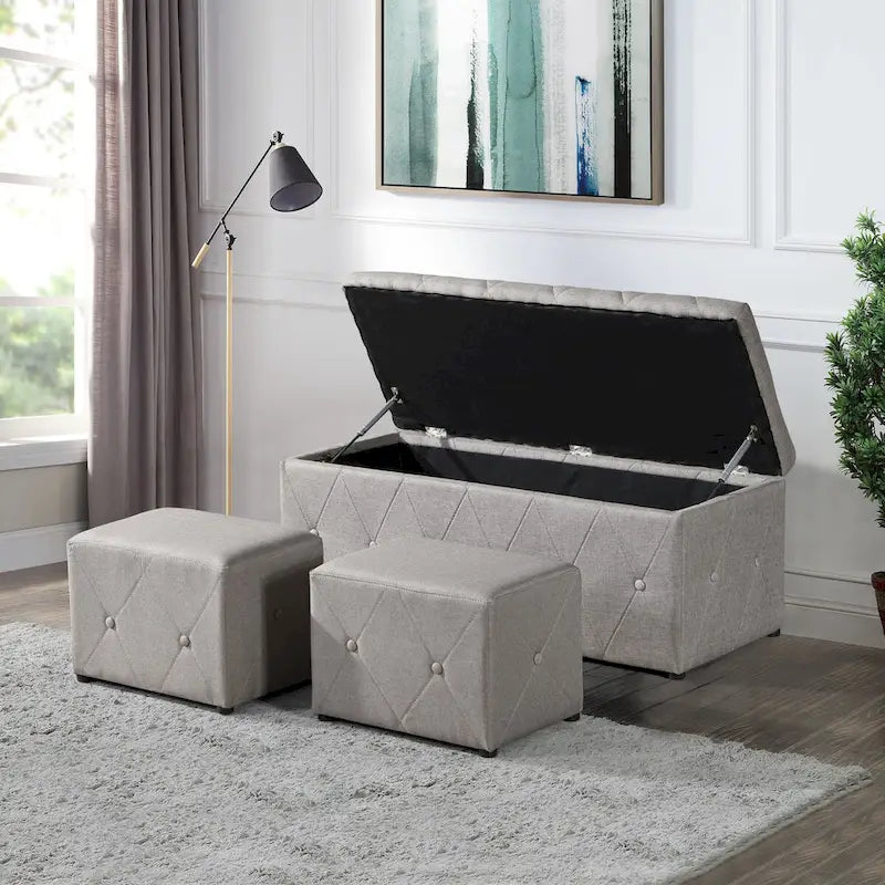 Rectangular Storage Ottoman Short velvet with 2 Set Ottomans