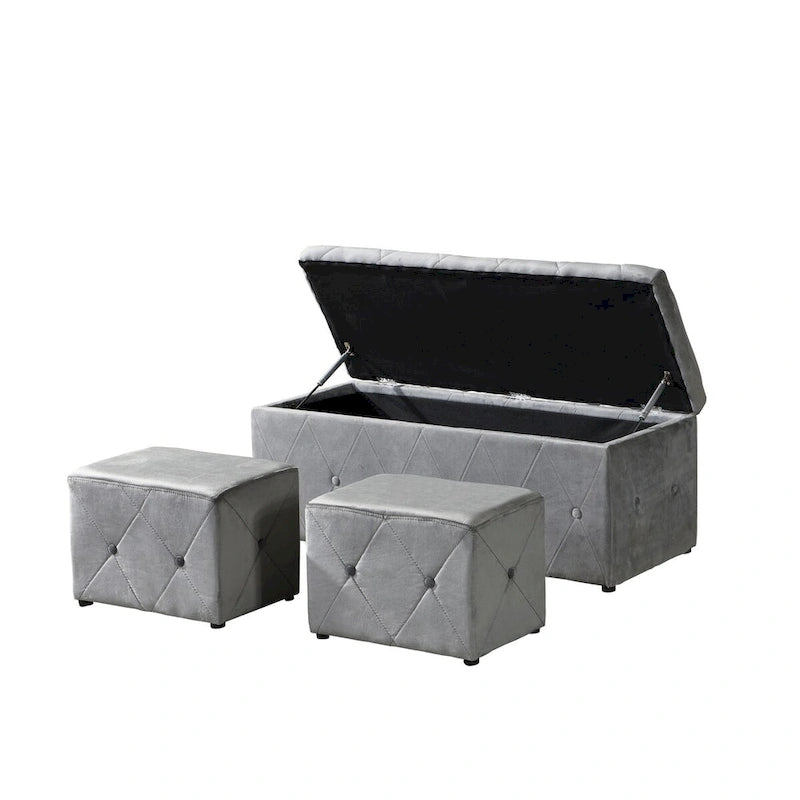 Rectangular Storage Ottoman Short velvet with 2 Set Ottomans