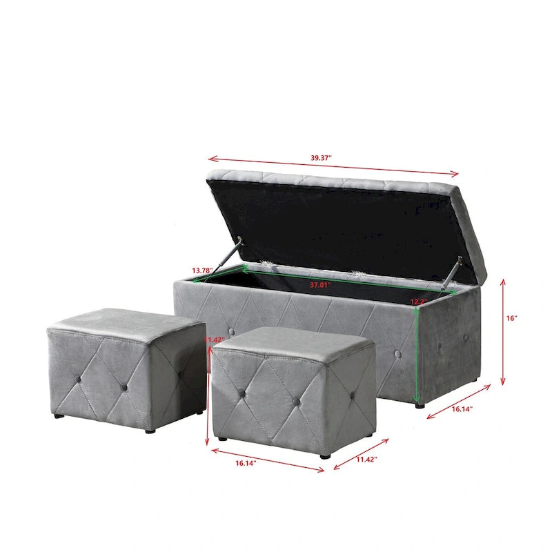 Rectangular Storage Ottoman Short velvet with 2 Set Ottomans