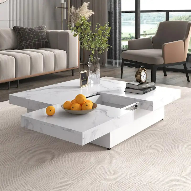 Marble Veneer Coffee Table Sliding Top with Storage