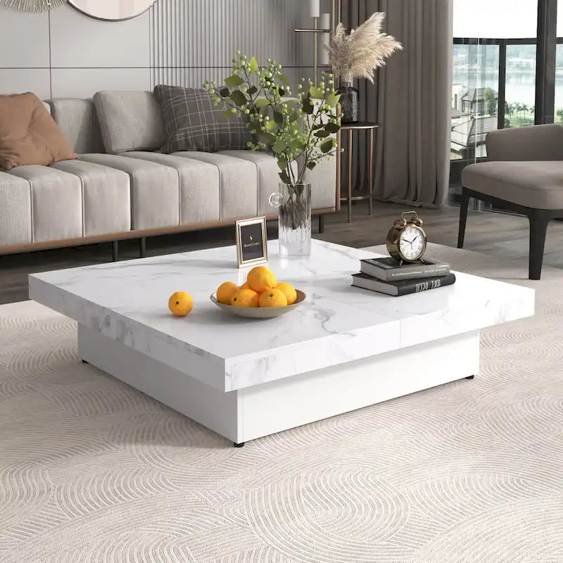 Marble Veneer Coffee Table Sliding Top with Storage