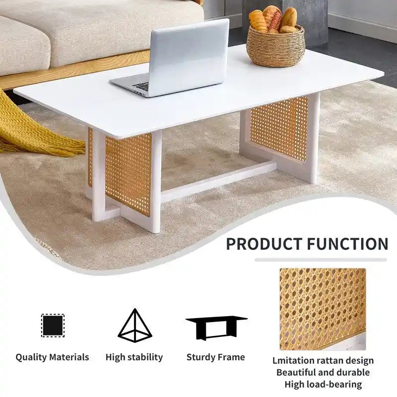 Chinese style white solid wood and imitation rattan coffee table